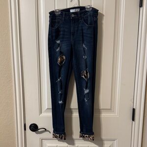 KanCan Dark Blue Distressed Skinny Jeans with Leopard Cuff